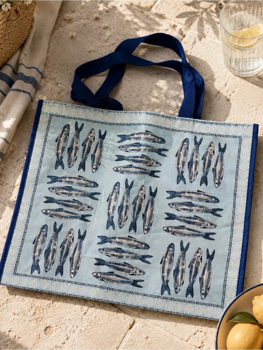 Viral sardine print reusable tote bag